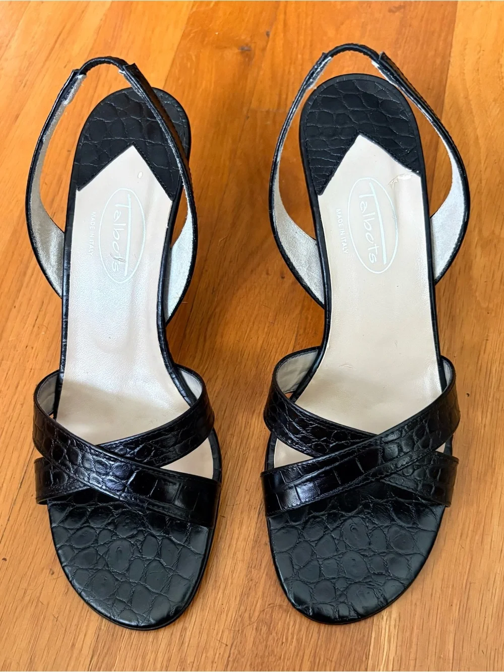 Talbots Vintage Black Croc-Embossed slingback sandals made in Italy classic offi